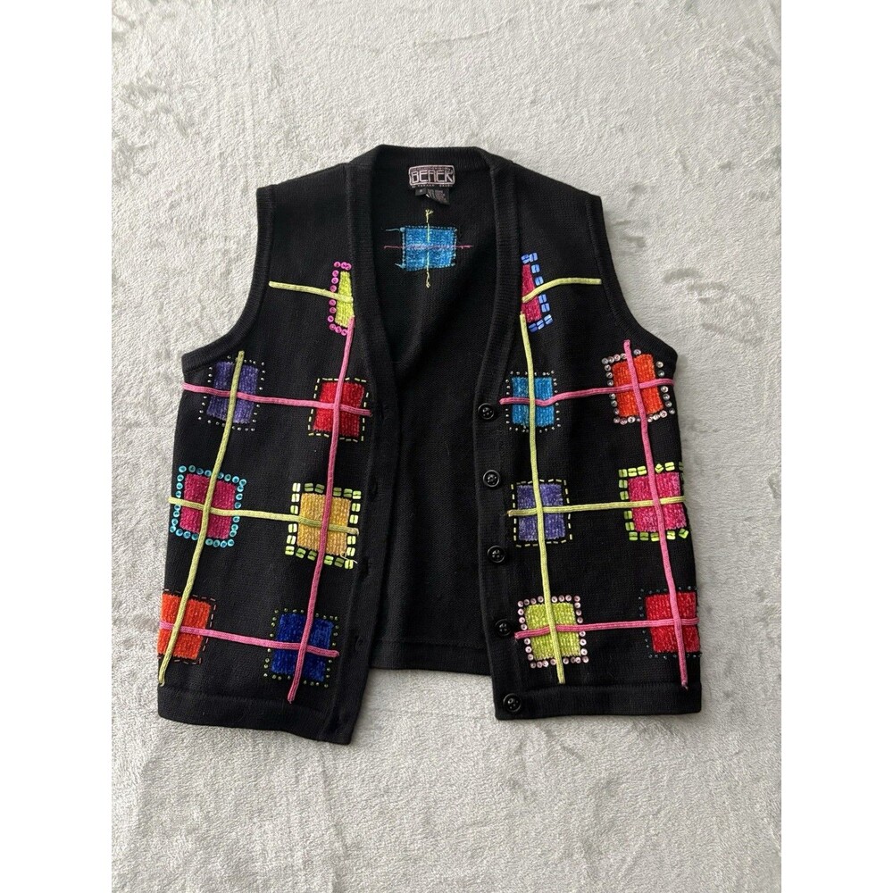 VTG Berek 2 Takako Sakon Beaded Patchwork Sweater Vest Small Grannycore Artsy